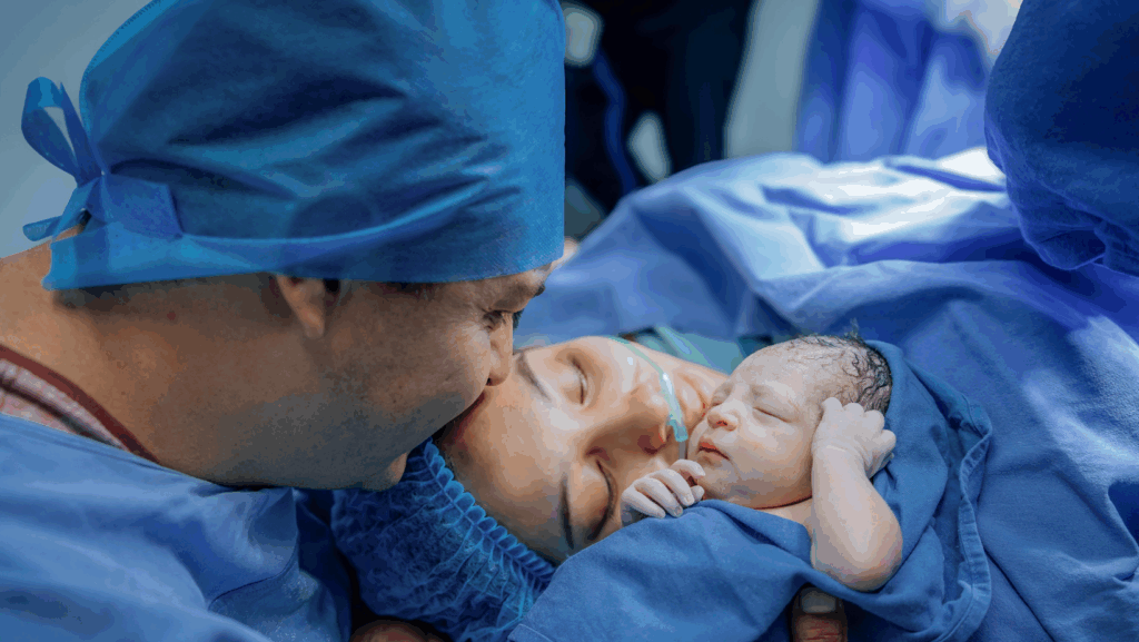 Bebê recém-nascido no colo da mãe logo após o nascimento por meio de um parto cesárea.